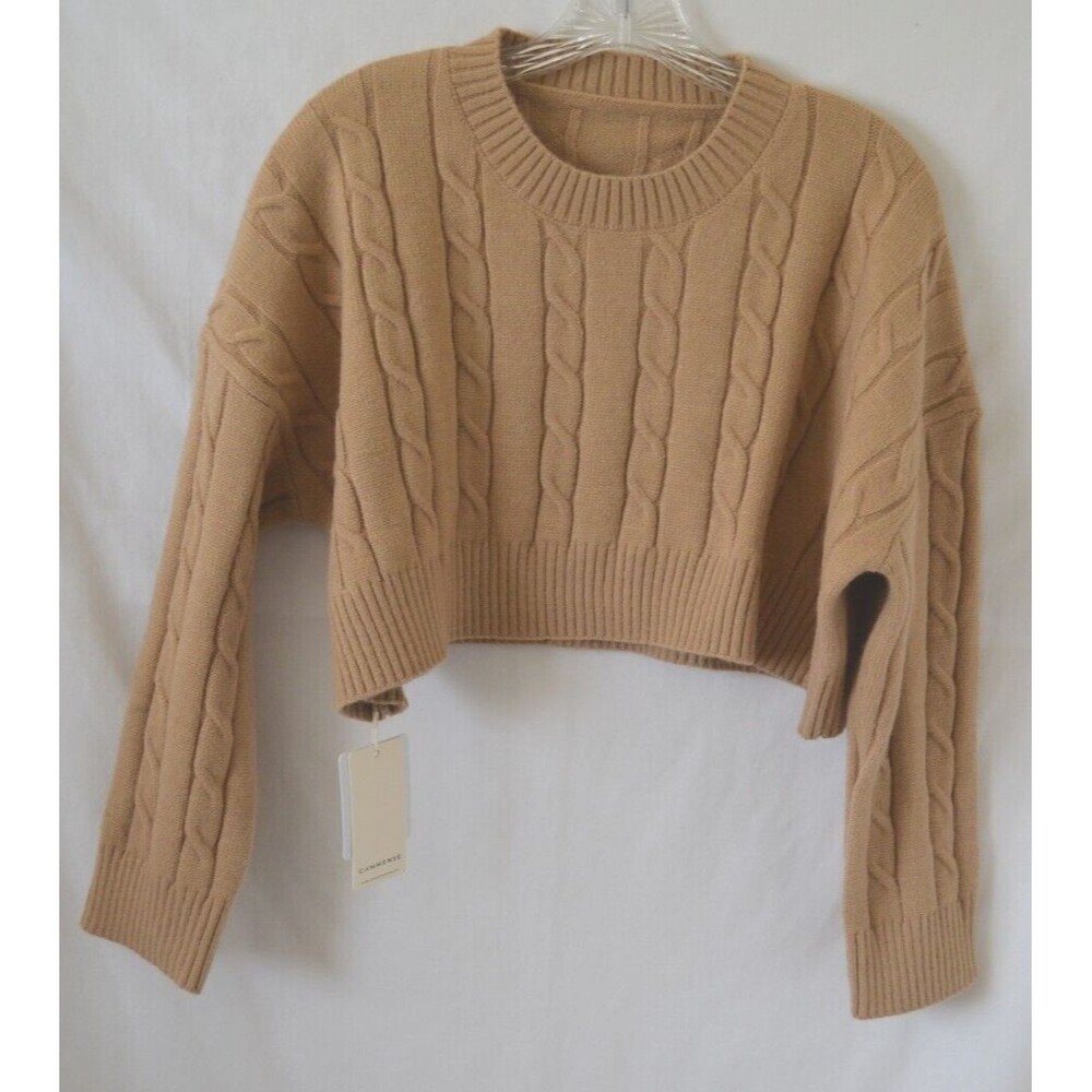 NEW Cropped COMMENSE Boxy Cable Knit Sweater Beige Pullover Crew Neck Cotton L